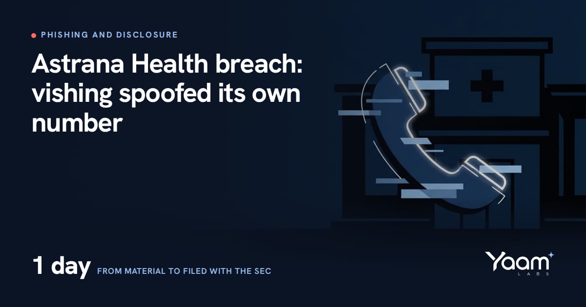 Cover illustration of a phone handset with a duplicated caller ID display beside an office building, with the Yaamlabs logo and the text: Astrana Health breach, vishing spoofed its own number, filed with the SEC in 1 day