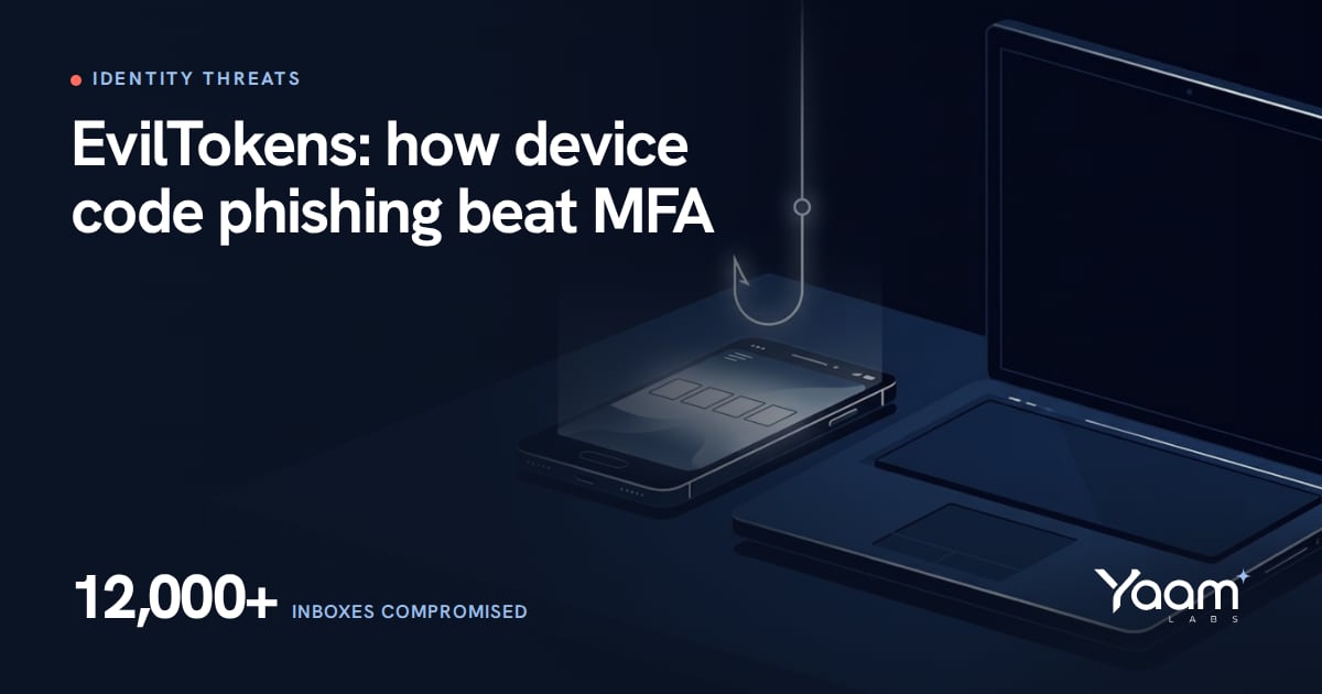 Cover illustration of a fishing hook over a phone showing a sign-in code screen, with the Yaamlabs logo and the text: EvilTokens, how device code phishing beat MFA, 12,000+ inboxes compromised