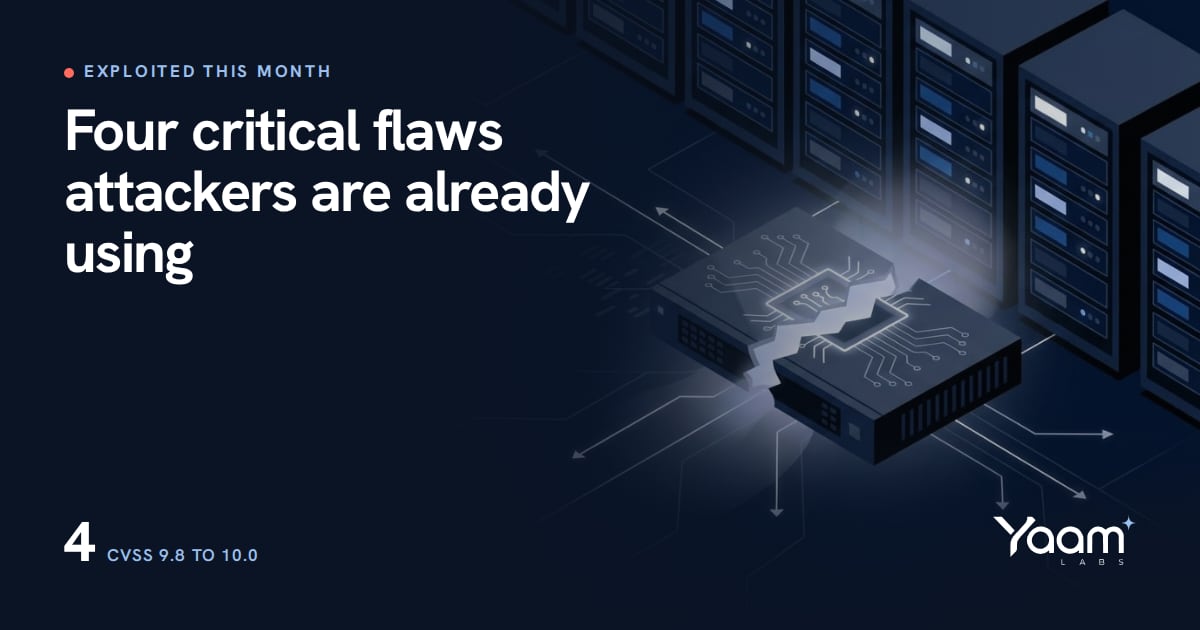 Cover illustration of a cracked network gateway in a server room, with the Yaamlabs logo and the text: Four critical flaws attackers are already using, 4, CVSS 9.8 to 10.0
