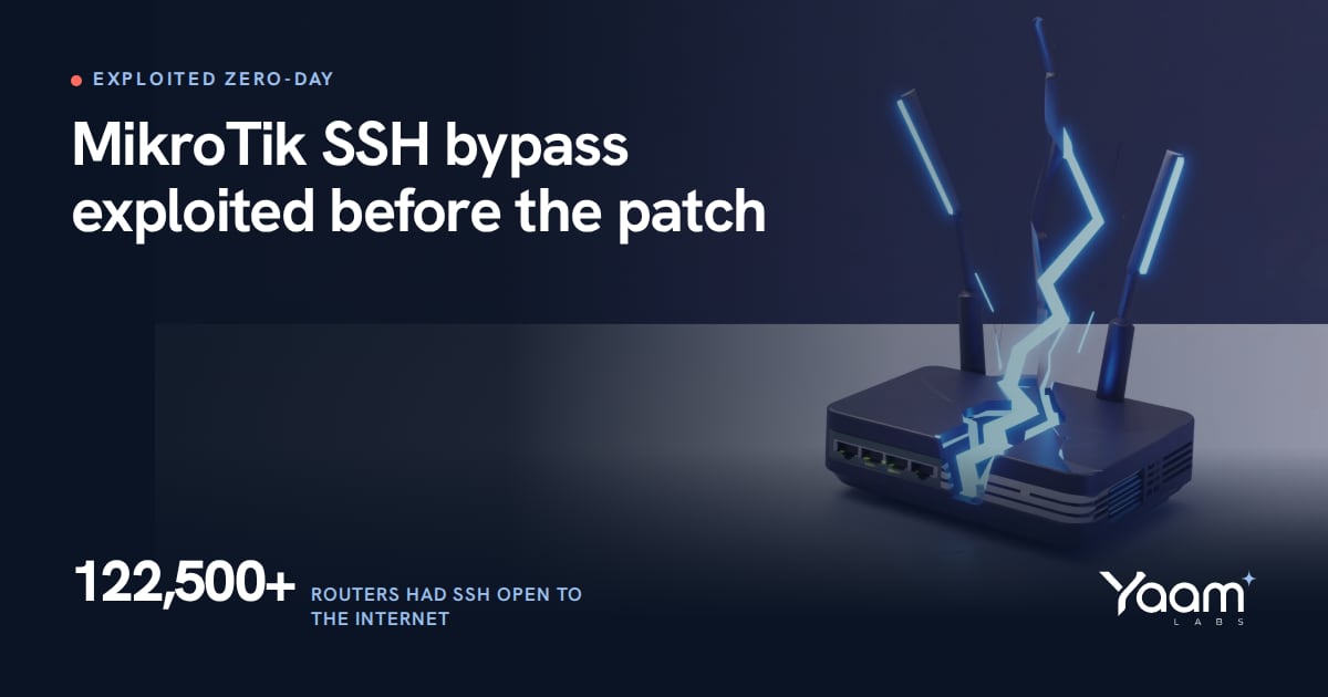 Cover illustration of a small router glowing at the edge of a dark network map with a crack of light breaking through its casing, with the Yaamlabs logo and the text: MikroTik SSH bypass exploited before the patch, 122,500+ routers had SSH open to the internet