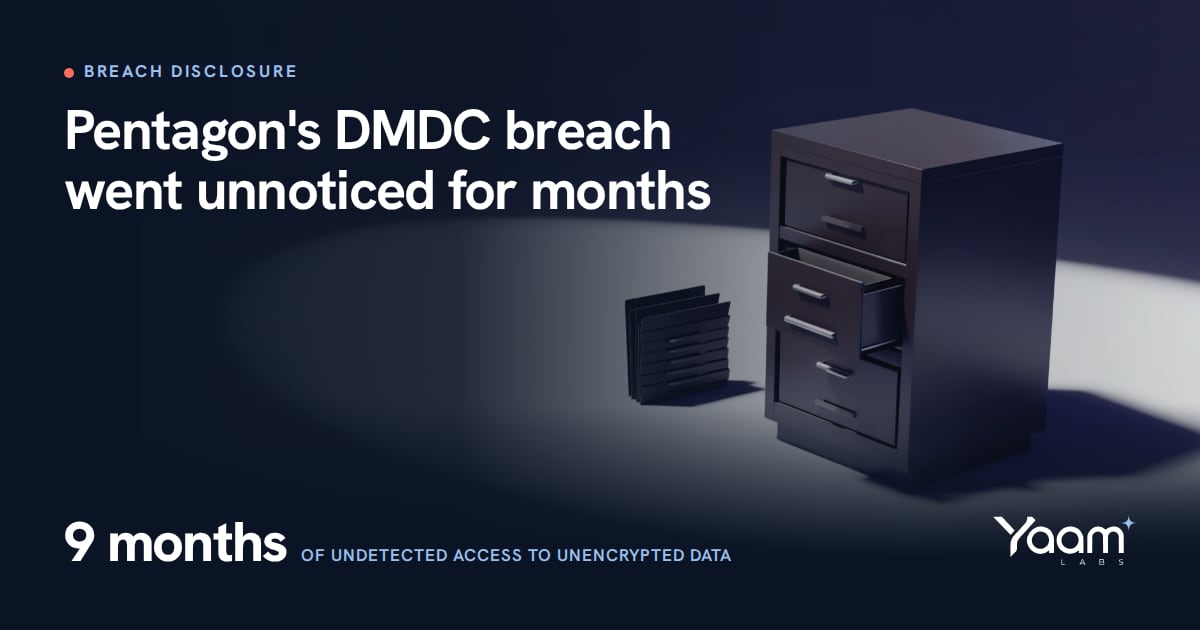 Cover illustration of a dark filing cabinet with a faint stack of folders beside it, with the Yaamlabs logo and the text: Pentagon's DMDC breach went unnoticed for months, 9 months of undetected access to unencrypted data